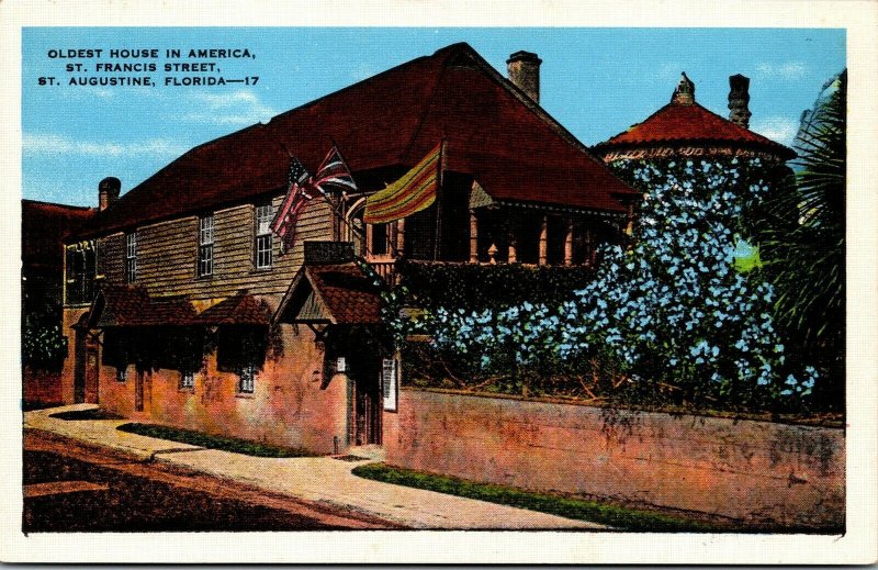 Vtg St Augustine Florida FL Oldest House in America St Francis Street Postcard