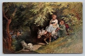 Woman Rides on Donkey with Man & Dog Strolling with Her Vintage Postcard 1227