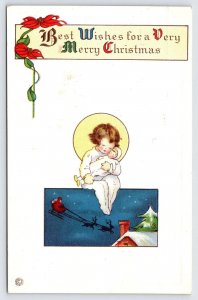 Embossed Postcard Christmas Child with Doll Santa Sled Reindeer Stecher c1923 P2