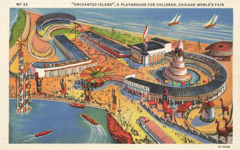 Chicago IL World's Fair Enchanted Island Aerial View Linen Postcard