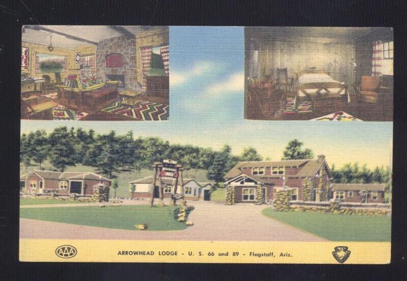 FLAGSTAFF ARIZONA ARROWHEAD LODGE INTERIOR LINEN ADVERTISING POSTCARD