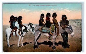 Native American PUEBLO INDIAN Kids on Donkeys  c1910s  Mitchell  Postcard