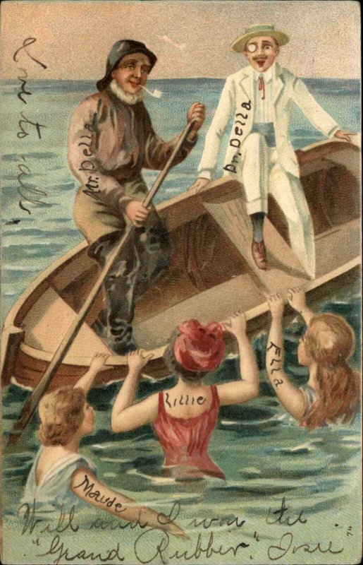 Bathing Beauty Woman Topple Fisherman in Fishing Boat c1910 Vintage Postcard