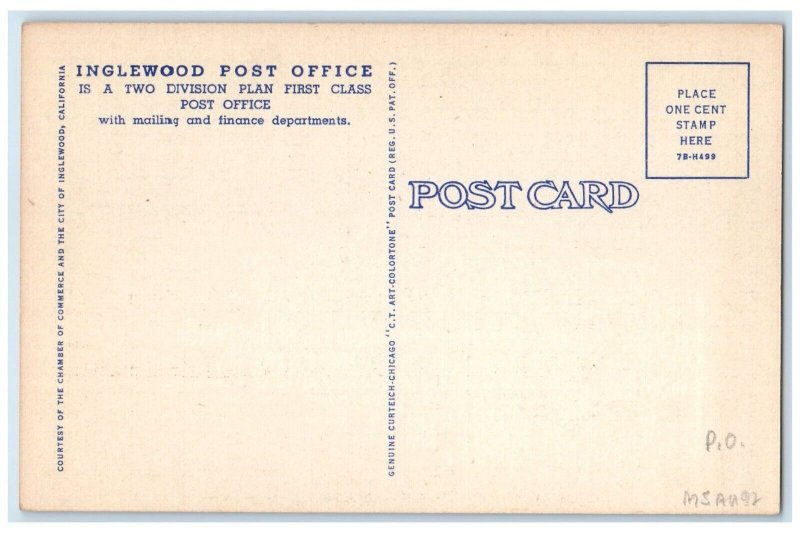 c1930's United States Post Office Building Inglewood California CA Postcard