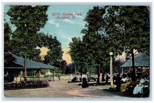 Rockford Illinois IL Postcard Scene View Harlem Park Trees People 1914 Vintage