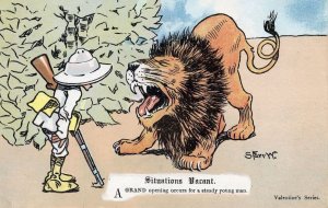 Situations Vacant Lion Safari Hunter Shooting Valentines Old Comic Postcard