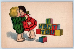 c1910's Children Kissing I Want You Blocks Toys Unposted Antique Postcard