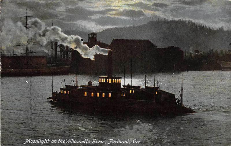 Ferry Steamer at Night Moonlight Willamette River Portland Oregon 1910c postcard