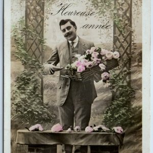 c1900s French Man Delivers Roses RPPC Happy New Year Hand Colored Photo PC A149