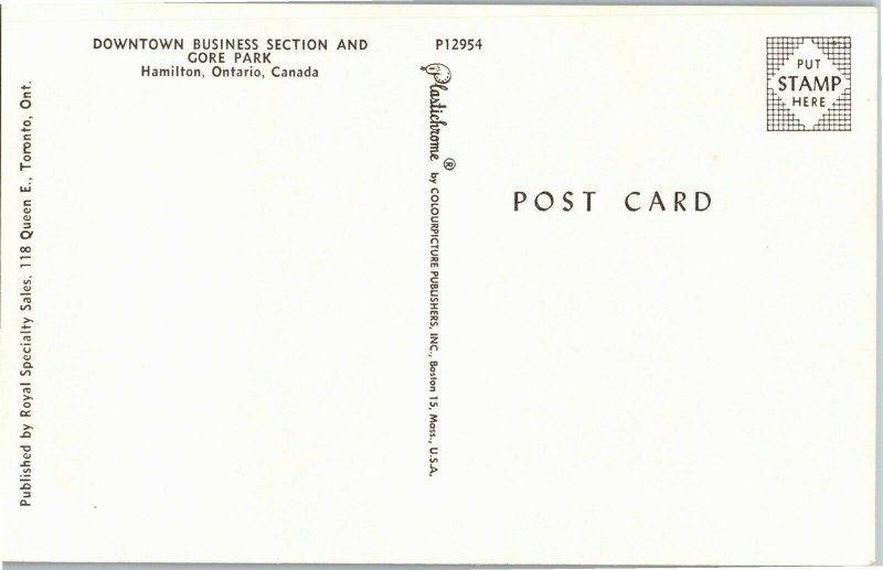 Downtown Business Section Gore Park Hamilton Ontario Postcard D07