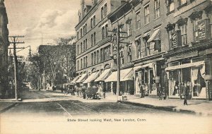 New London CT State Street Storefronts Horse & Wagons Trolley Tracks Postcard