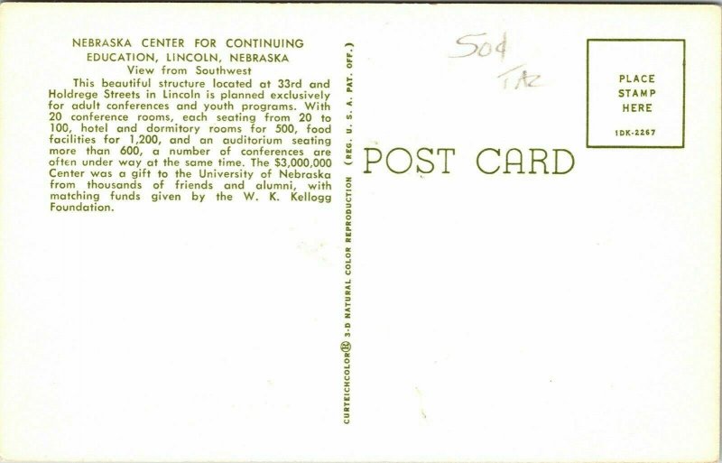 Nebraska Center Continuing Education Lincoln Nebraska NE WB Postcard UNP Unused 