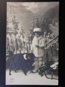 A Happy Christmas showing Snow Scene with Little Girl & Her Dog & Sledge c1908