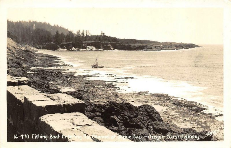 RPPC Fishing Boat Entering Channel at Depoe Bay, Oregon Coast Highway Postcard