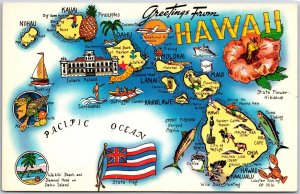 Hawaii, Waikiki Beach, Paradise of Pacific, Famous Places, Map, Vintage Postcard