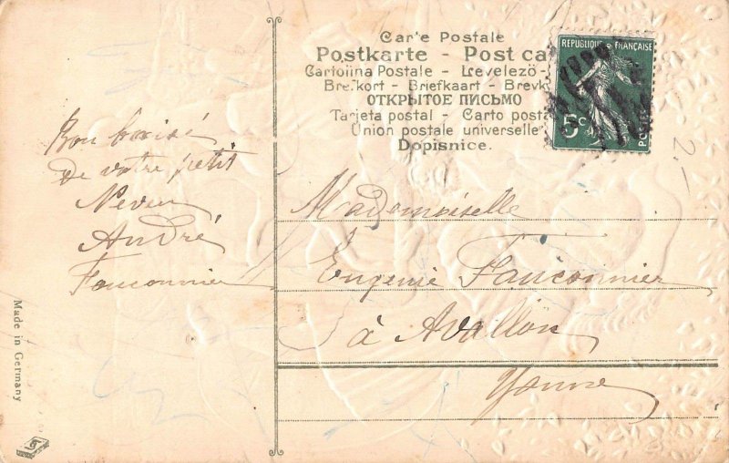 L392 New Year Greetings Children flirting embossed postcard