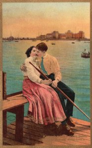 Vintage Postcard 1910's Lovers Couple Kissing On Floating Deck Ocean Romance