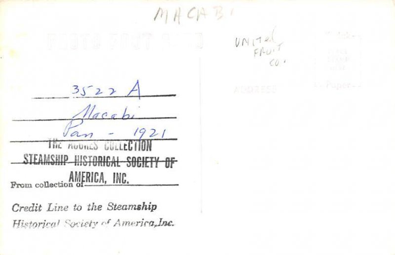 SS Macabi United Fruit Co. Writing on back, missing stamp 