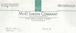 1936 M AND D SIMON CO TYBEST SCARF SINCERE SHIRT CLEVELAND BILLHEAD INVOICE Z575