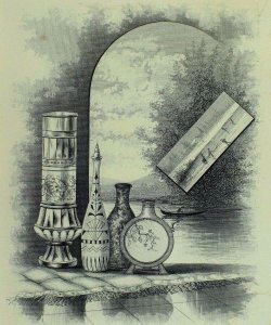 1880's Wm H. Brett Engraving Victorian Trade Card Grecian Vases Lake Boat &E