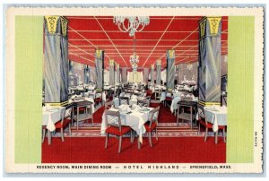 c1940s Regency Room Dining Room Hotel Highland Interior Springfield MA Postcard