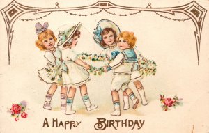 Vintage Postcard 1914 A Happy Birthday Four Girls Mary Go Round Forget Me Nots