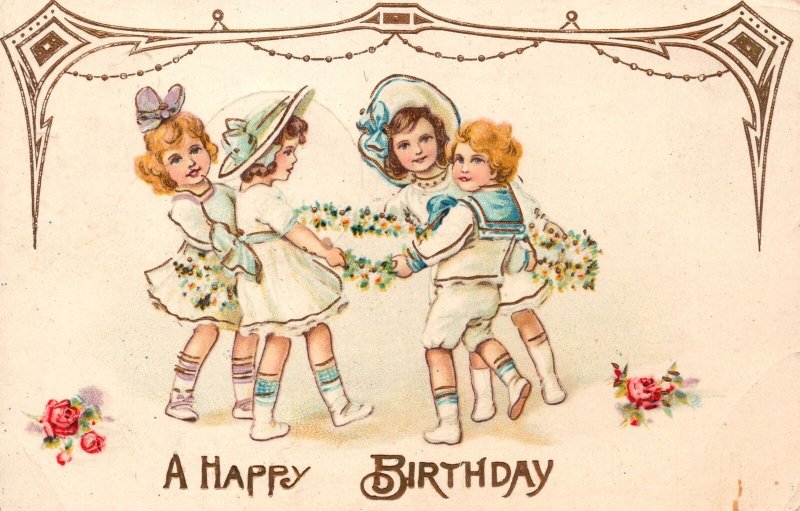 Vintage Postcard 1914 A Happy Birthday Four Girls Mary Go Round Forget Me Nots