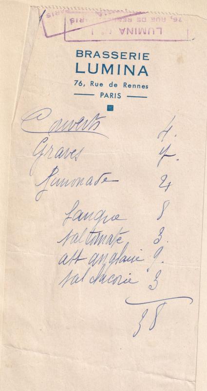 Brasserie Lumina Rue De Rennes Paris Restaurant 1940s Receipt