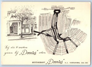 Amsterdam Netherlands Postcard Restaurant Dorrius Drawing and Map View c1950's