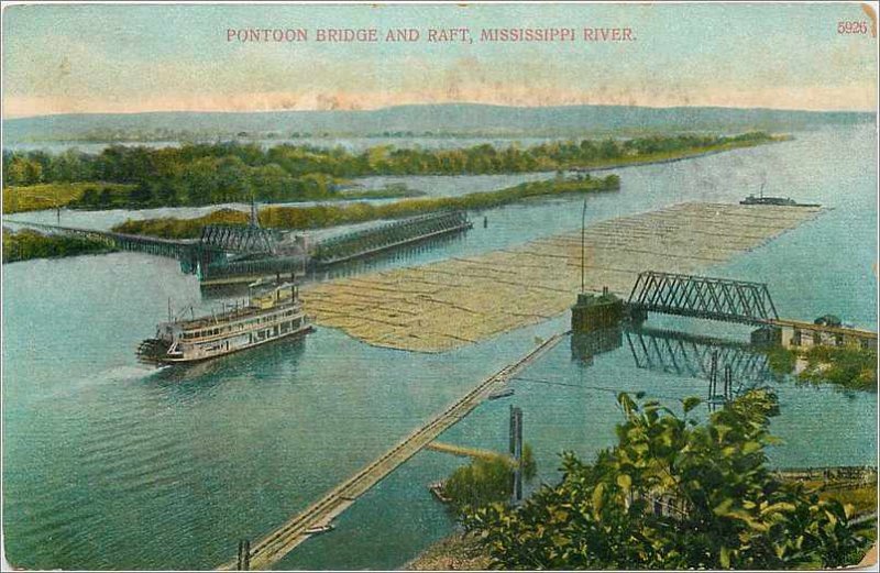 Postcard Pontton Old Bridge and Mississippi River Raft