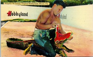 1940s Alligator Wrestling Tropical Hobbyland Miami Florida Postcard