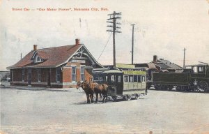 Nebraska City Nebraska Street Car Horses Train Station Postcard AA20891