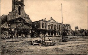 VINTAGE POSTCARD LONGWY CHURCH STREET SCENE AND TOWN HALL c. 1914 WW 1