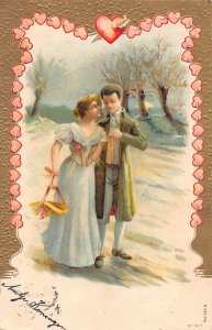 Love Romance 1903 Couple Walking in Snow Hearts embossed postcard B918