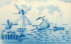 Artist impression Blue Tint C-1905 Embossed Windmill Sailboat Postcard 20-7334