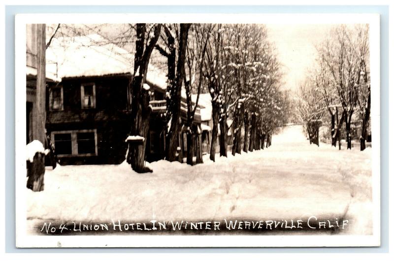 Postcard Union Hotel in Winter, Weaverville, CA snow snowy RPPC G42