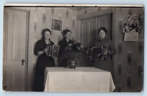 Women Postcard RPPC Photo Musicians Accordion Violin House Interior c1910's