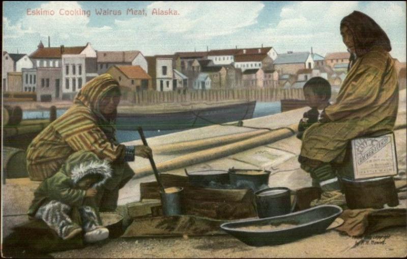 Eskimo Women Cooking Walrus Meat - Ethnography c1910 Postcard AYPE 90618