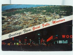 Vintage Postcard Aerial View of Great Falls Montana NightScene of Central Avenue