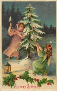 Embossed Christmas Postcard B.W. 296 Angel Helps Girl with Axe Chop Down Tree