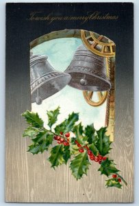 Christmas Postcard Holly Berries Ringing Bells Winsch Back Embossed c1910's