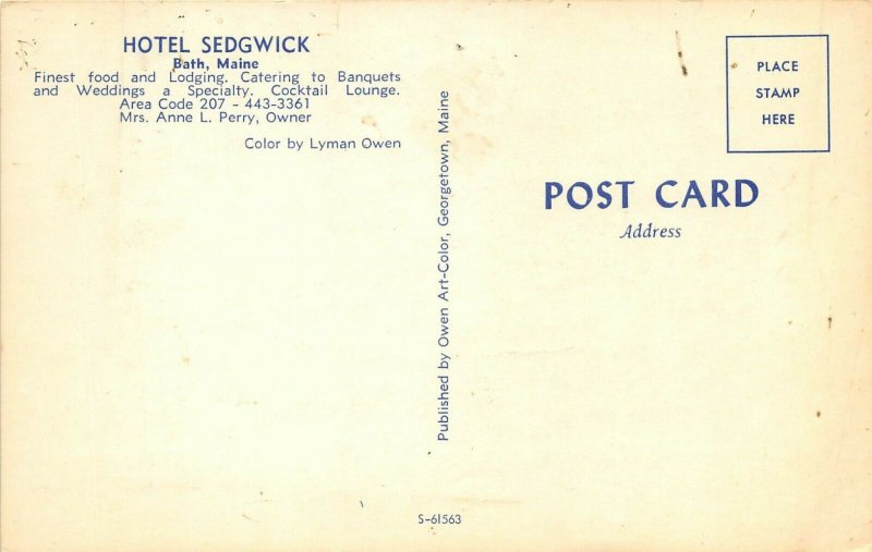 Bath Maine 1960s Postcard Hotel Sedgwick