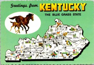 Greetings from the Blue Grass State Map Horses Kentucky Postcard UNP Chrome