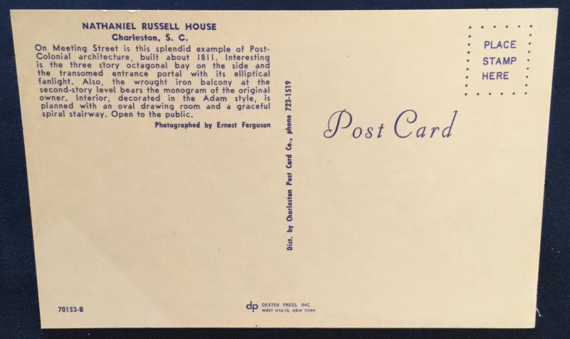 Postcard Unused Nathaniel Russell House Charleston SC LB