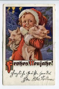 423131 NEW YEAR Kid w/ Pink Pigs by STREYC Vintage Germany PC