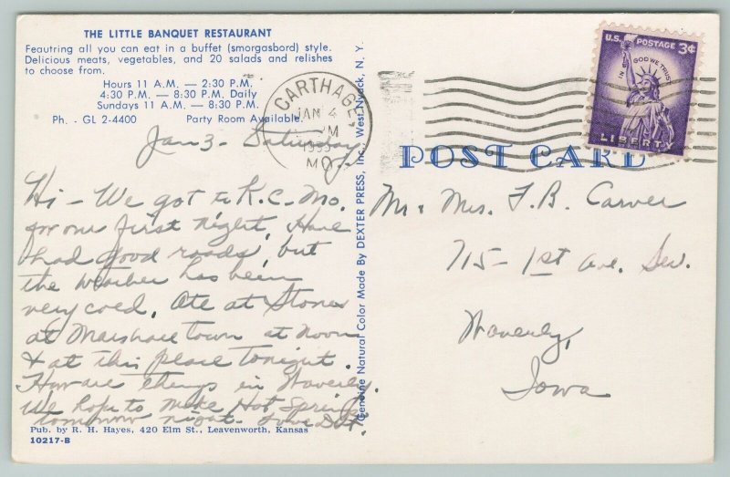 Kansas City Missouri~Little Banquet Restaurant & City Map~Vintage Postcard