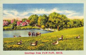 Vintage Postcard, Greetings from Paw Paw Michigan, Linen 1951  A21