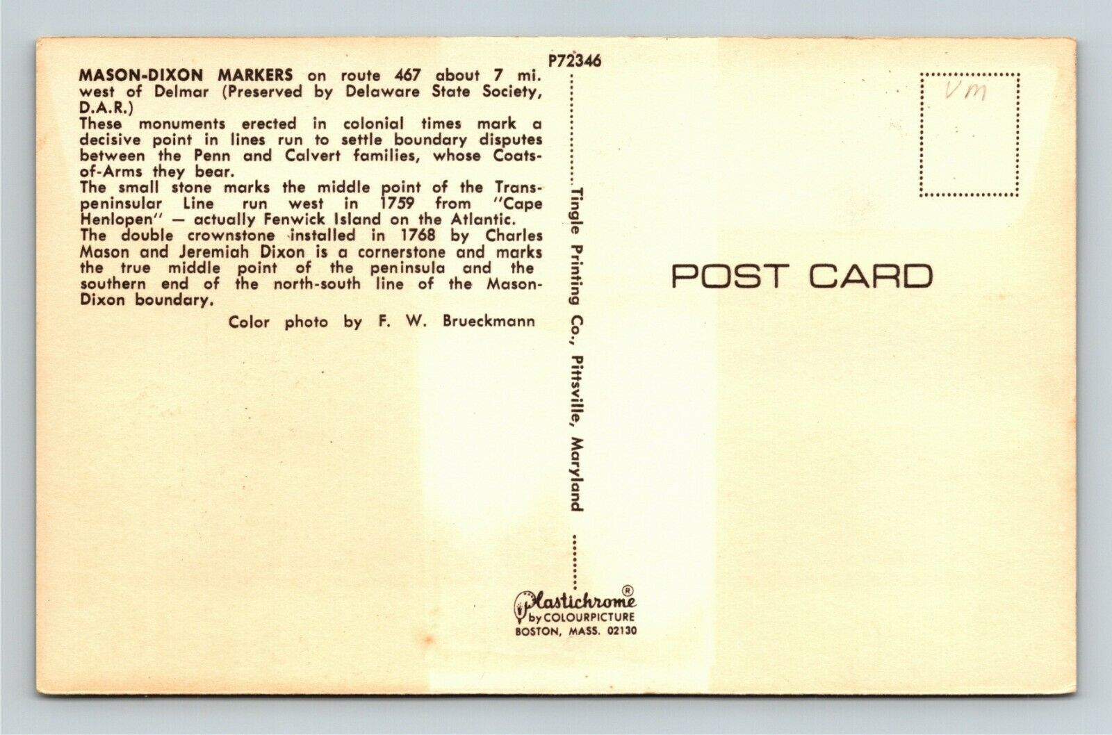 Delmar DEDelaware, Colonial Monuments, Mason Dixon Line Markers Chrome
