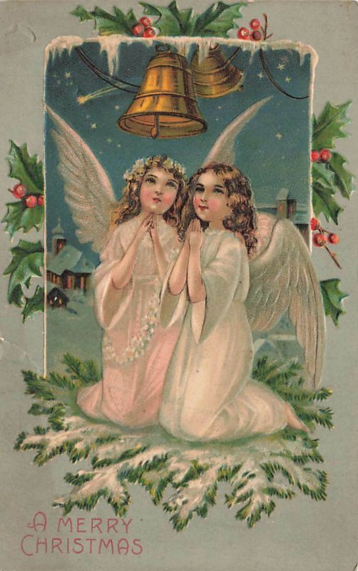 c1910 Angels Kneel Pray  Bells Frost Embossed Germany Christmas P113 