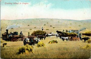 Postcard OR Threshing Wheat in Oregon Farm Life Steam Tractors Horses 1910 S65